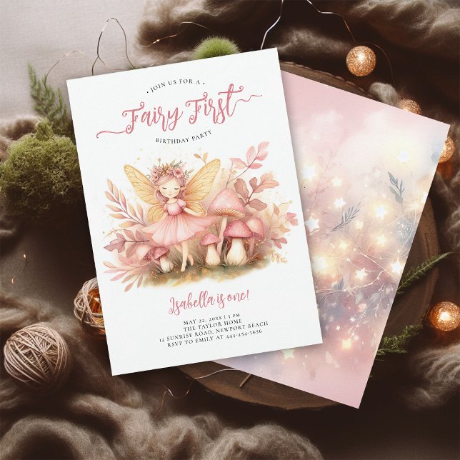 Fairy First Rosa Guld Magic Girls 1:a födelsedag Inbjudningar (fairy first girl birthday party invitation magical forest enchanted garden mushrooms pink gold)