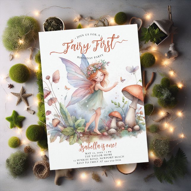 Fairy First Terracotta Magic Girls 1:a födelsedage Inbjudningar (fairy first girl birthday party invitation magical forest enchanted garden mushroom terracotta green)