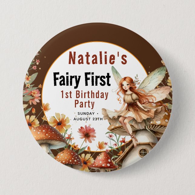 Fairy First Theme Girl's 1st Birthday Party Knapp (Framsida)