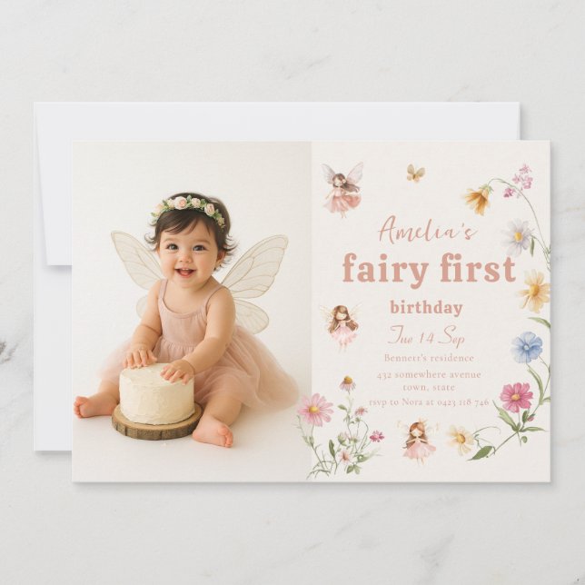 Fairy First Watercolor Widflower Birthday Photo Inbjudningar (Framsida)
