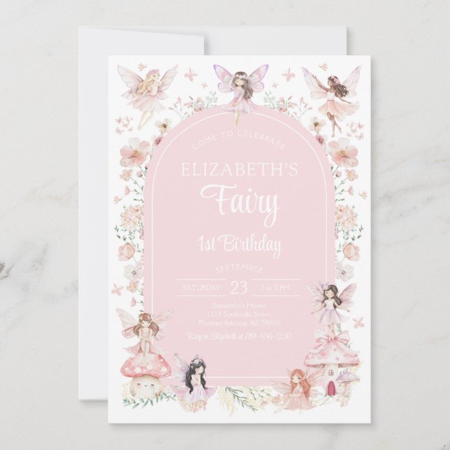 Fairy First Whimsical Floral 1st Birthday Inbjudningar (Framsida)