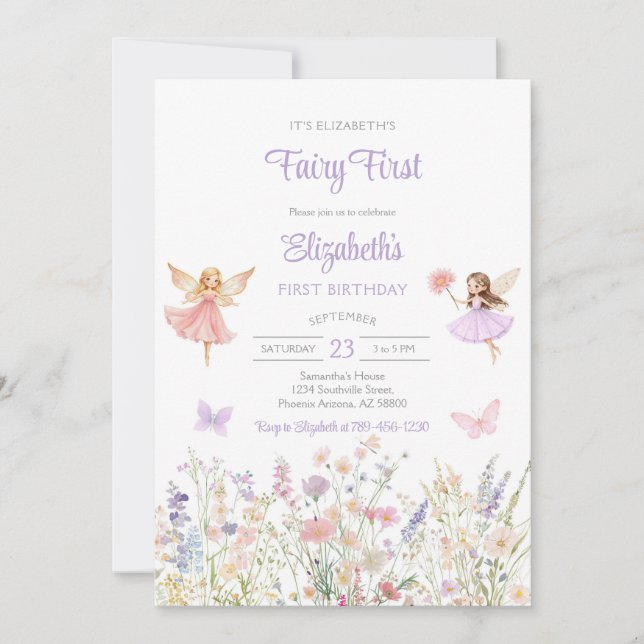 Fairy First Whimsical Floral 1st Birthday  Inbjudningar (Framsida)