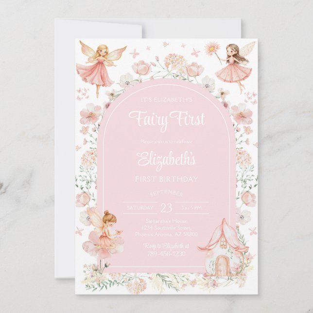 Fairy First Whimsical Floral 1st Birthday  Inbjudningar (Framsida)