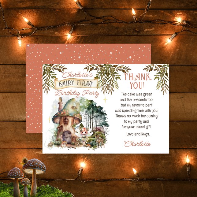 Fairy First Woodland Animals Mushroom 1 Birthday Tack Kort (Fairy First Woodland Animals Mushrooms Girl's 1st Birthday Thank You Card)