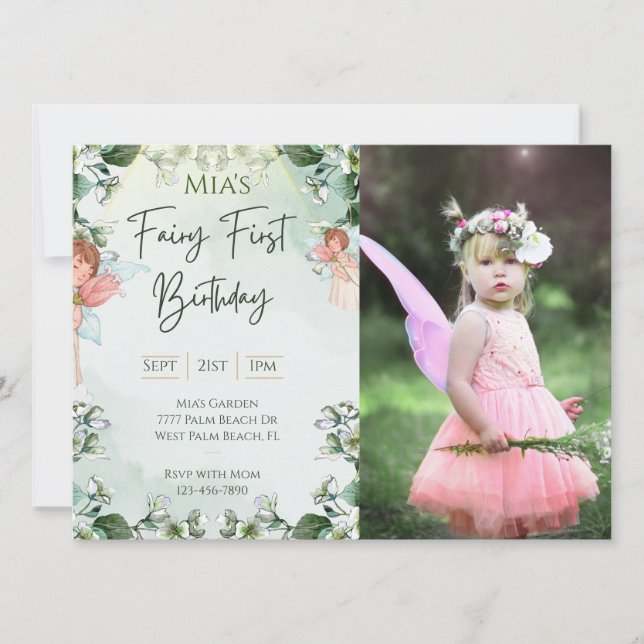 Fairy First Woodland Photo Birthday Enchanted Inbjudningar (Framsida)