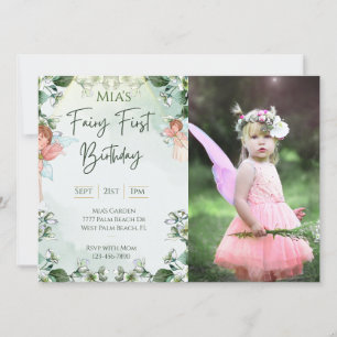 Fairy First Woodland Photo Birthday Enchanted Inbjudningar