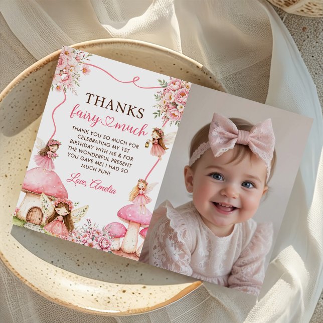 Fairy Floral Girls 1st Birthday Party Photo Tack Kort (Skapare uppladdad)
