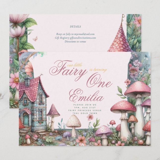 Fairy Garden 1st Birthday eller EDIT AGE Teal Guld Inbjudningar (Fram/baksida)