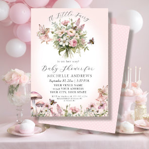 Fairy Garden Blommigt Mushroom Rosa Girl Baby Show Inbjudningar