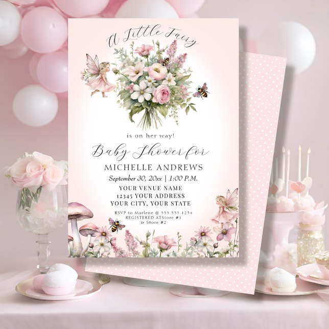 Fairy Garden Blommigt Mushroom Rosa Girl Baby Show Inbjudningar (Skapare uppladdad)