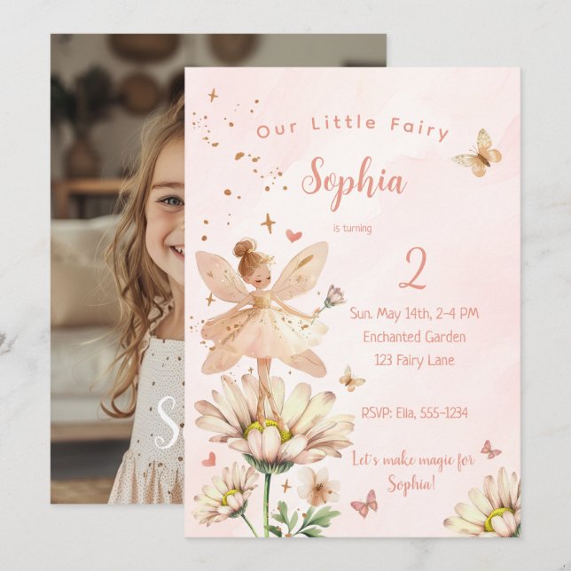 Fairy Garden Girl Photo Birthday-inbjudan Inbjudningar (Fram/baksida)