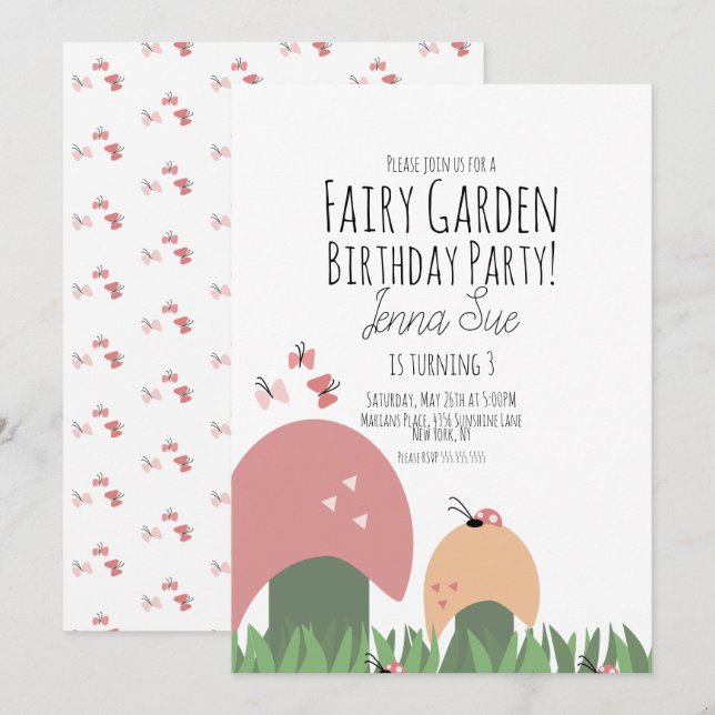 Fairy Garden Mushroom Ladybugs Butterflies Inbjudningar (Fram/baksida)