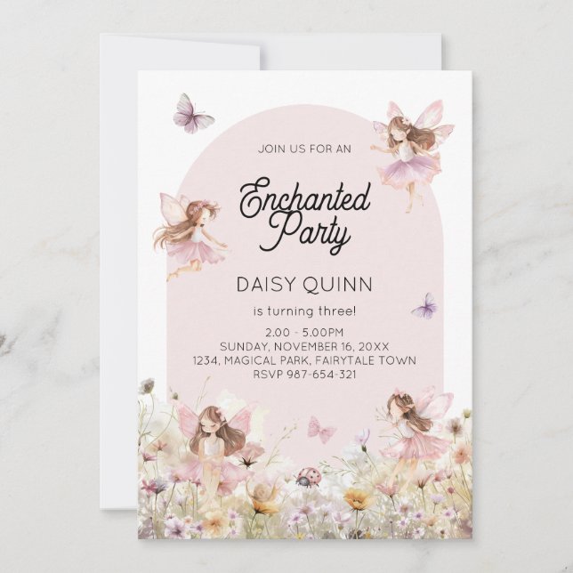 Fairy Garden Tema Flickas Födelsedag Inbjudningar (Framsida)