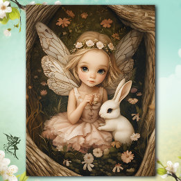 Fairy Girl med Bunny Vintage Woodland