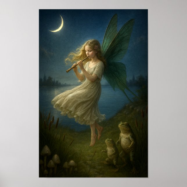 Fairy Girl Playing A Flute To Frogs In Moonlight Poster (Framsidan)