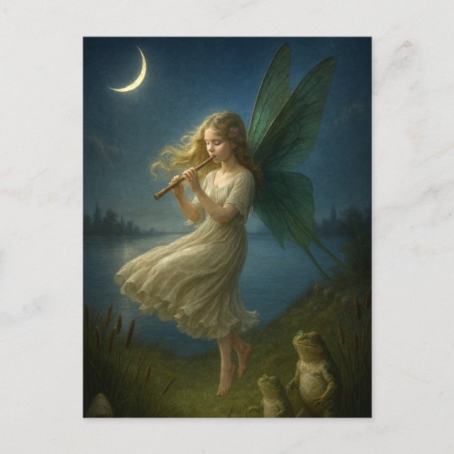 Fairy Girl Playing A Flute To Frogs In Moonlight Vykort (Framsida)