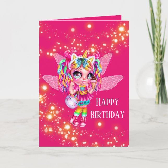 Fairy Girl rainbow animali magi gnistra födelsedag Kort (Framsida)