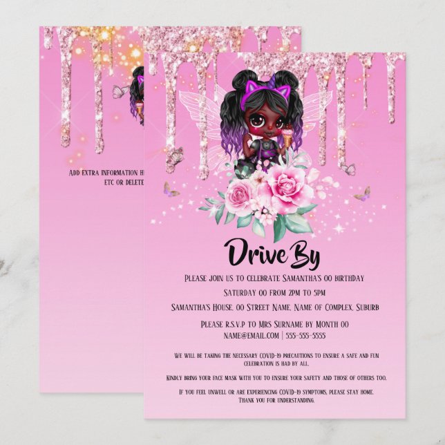 Fairy glitter African American Girl rosa födelseda Inbjudningar (Fram/baksida)
