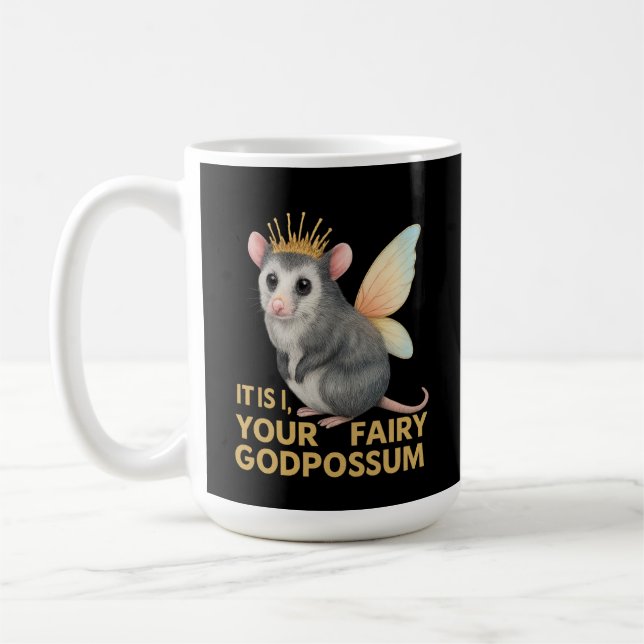 Fairy Godpossum Cute Opossum med Krona och Vingar Kaffemugg (Vänster)