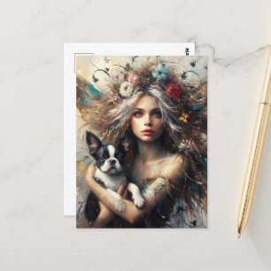 Fairy Holding a Cute Boston Terrier Puppy Vykort