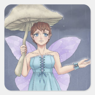 Fairy Holding Mushroom Umbrella in Rain Fyrkantigt Klistermärke