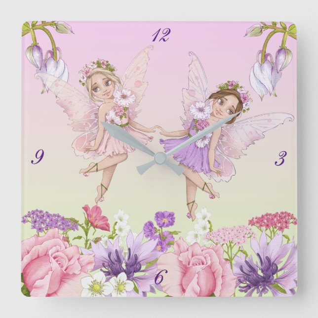 Fairy Illustrations Nursery Clock Fyrkantig Klocka (Framsida)