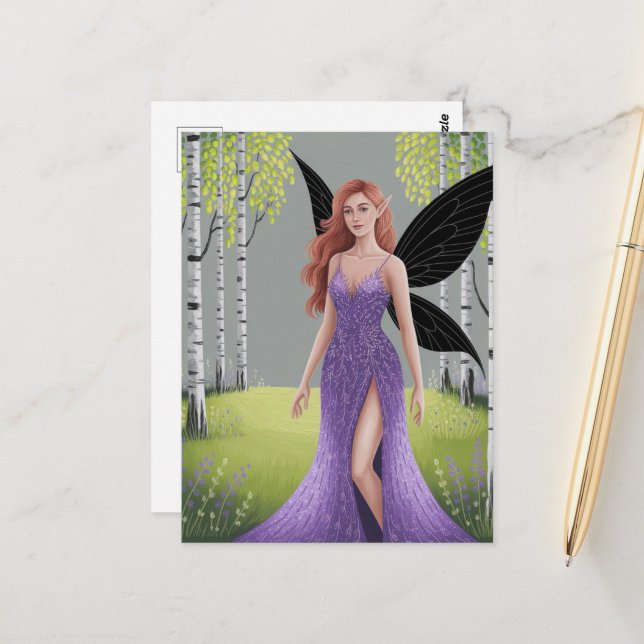 Fairy in a Purple Dress Forest Fantasy Vykort (Fram/Back In Situ)