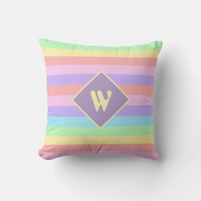 Fairy Kei Pastel Rainbow Striped Monogram Kudde (Framsida)