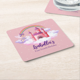 Fairy Kid's Birthday Fairytale Castle Rainbow Underlägg Papper Kvadrat