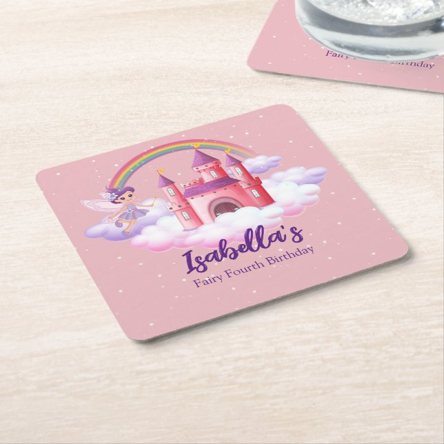 Fairy Kid's Birthday Fairytale Castle Rainbow  Underlägg Papper Kvadrat (Vinklad)