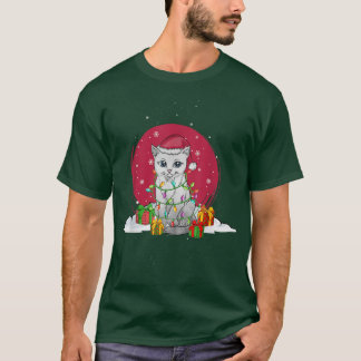 Fairy ljus, gullig julkatt i snö med ris t shirt