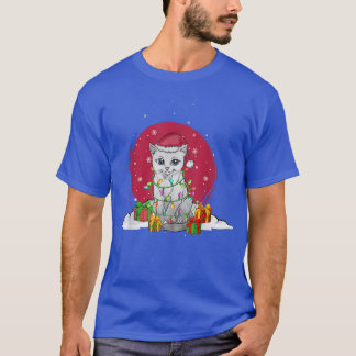 Fairy ljus, gullig julkatt i snö med ris t shirt