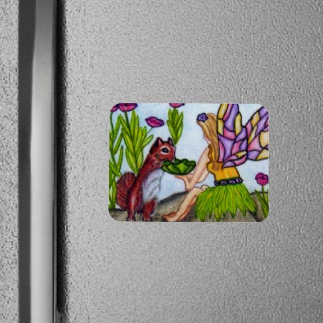 Fairy Löv Squirrel Stached Glass Vingar Magnet (Fairy stained glass wings sharing drink with squirrel flowers on rectangular magnet.)