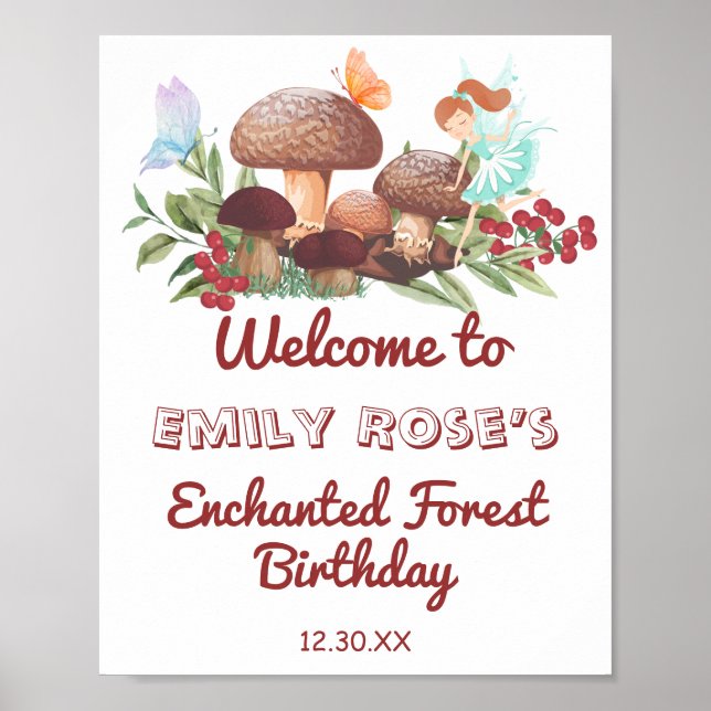 Fairy Mushroom Butterfly Enchanted Forest Birthday Poster (Framsidan)