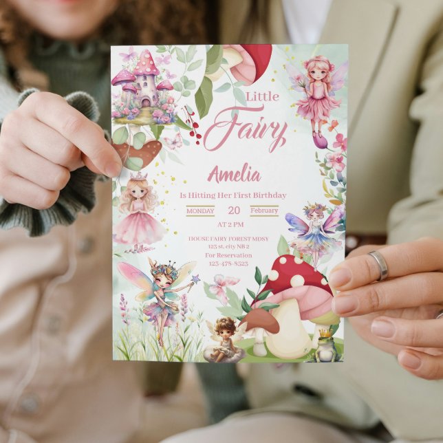 Fairy Mushroom Fairytale Magic Birthday Rosa Inbjudningar (fairy garden 1st birthday invitations girl fairies magical baby for her enchanted forest party)