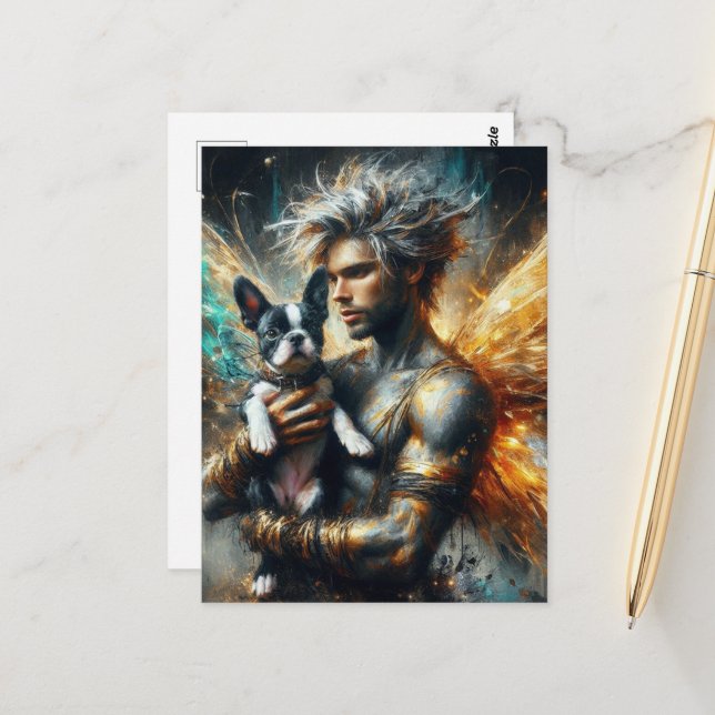 Fairy och hans Boston Terrier Puppy Vykort (Fram/Back In Situ)