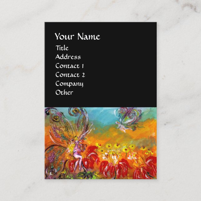 FAIRY OF THE RED FLOWERS Blommigt Fantasy Black Visitkort (Framsida)
