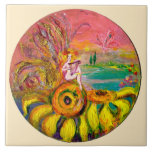 FAIRY OF THE SUNFLOWERS yellow pink ivory Kakelplatta<br><div class="desc">Acrylic painting,  a fairy playing harp on  the sunflowers</div>