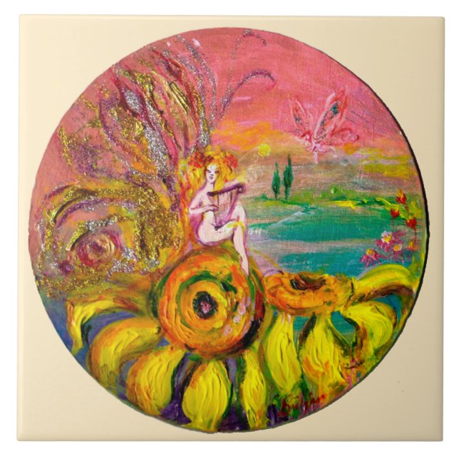 FAIRY OF THE SUNFLOWERS yellow pink ivory Kakelplatta (Framsidan)