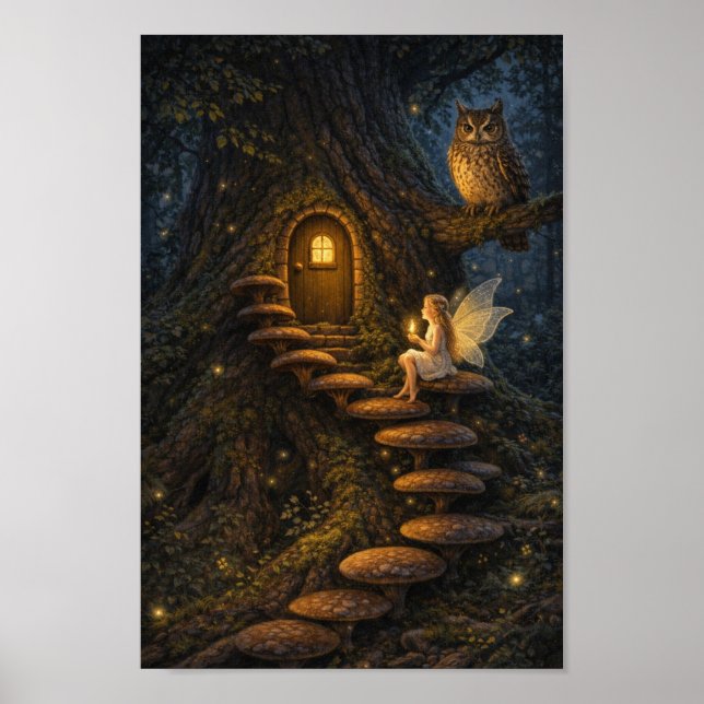 Fairy on Mushroom Staircase-Enchanted Tree House  Poster (Framsidan)