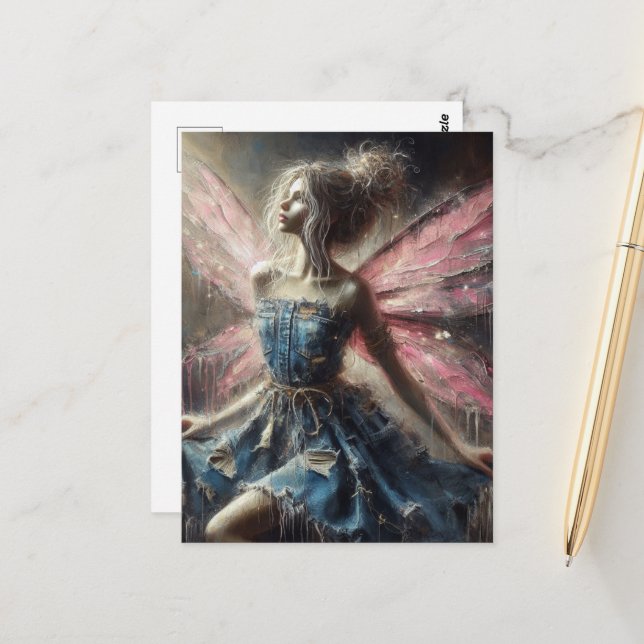 Fairy Patchwork Denim Dress Rosa Vingar Vykort (Fram/Back In Situ)