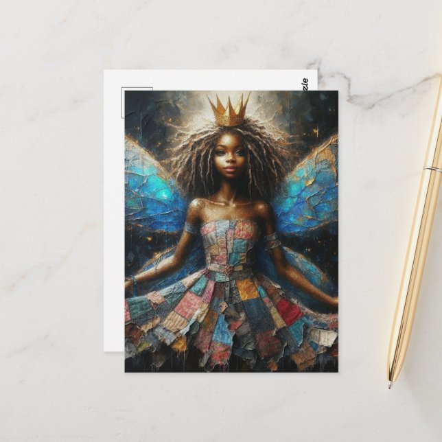 Fairy Patchwork Dress Blue Vingar och Guld Krona Vykort (Fram/Back In Situ)