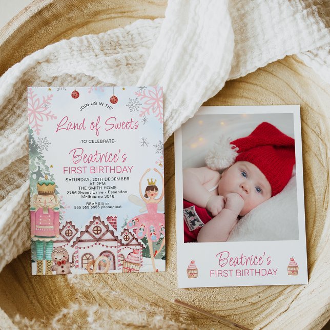Fairy Photo Gingertea House Birthday Inbjudningar (Land of sweets Nutcracker birthday invite with various items form the ballet and a photo on the back)