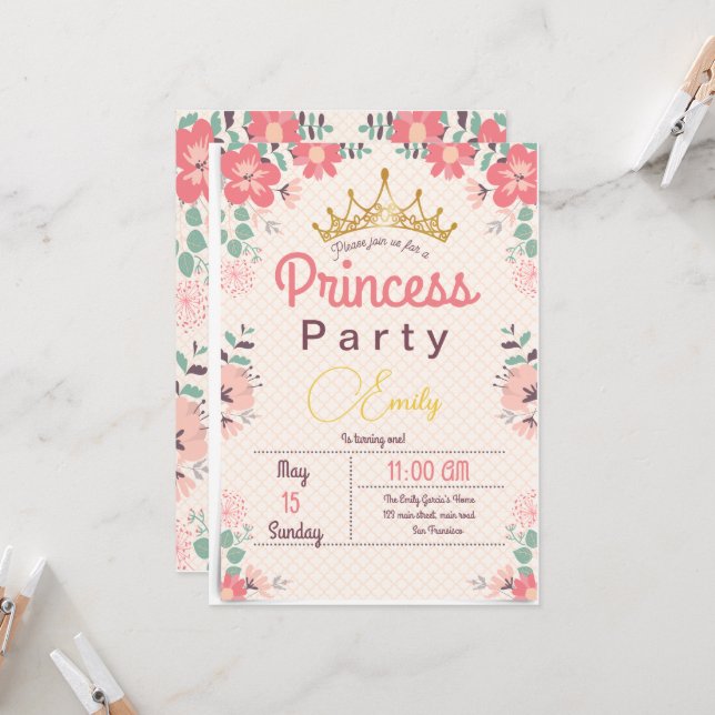 Fairy Princess 1st Birthday Blommigt Birthday Inbjudningar (Fram/Back In Situ)