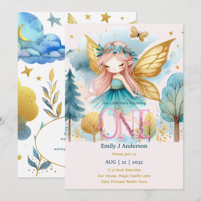 Fairy Princess 1st Birthday ONE Rosa Fairycore Inbjudningar (Fram/baksida)