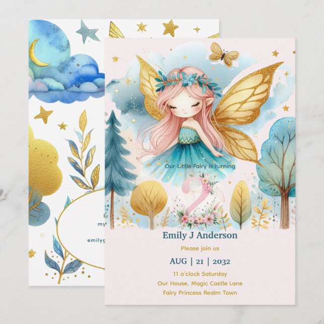 Fairy Princess 2:a födelsedagen TWO Rosa Fairycore Inbjudningar (Fram/baksida)
