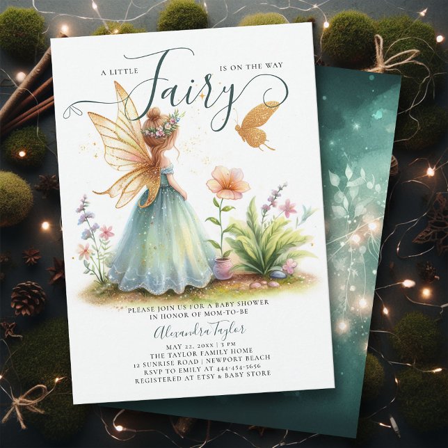 Fairy Princess Enchanted Emerald Flicka Shower Inbjudningar (a little fairy girl baby shower invitation enchanted forest garden butterfly princess emerald gold)