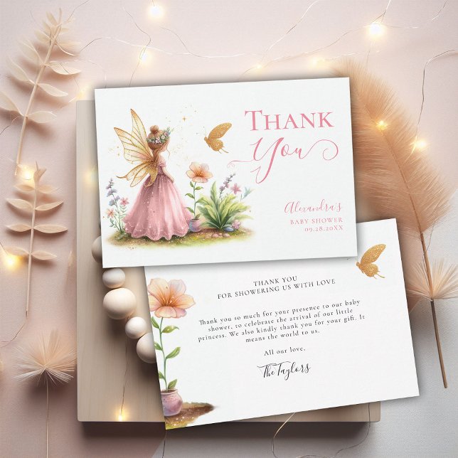 Fairy Princess Enchanted Garden Flicka Shower Tack Kort (fairy princess baby girl shower thank you card pink elegant adorable watercolor enchanted garden)