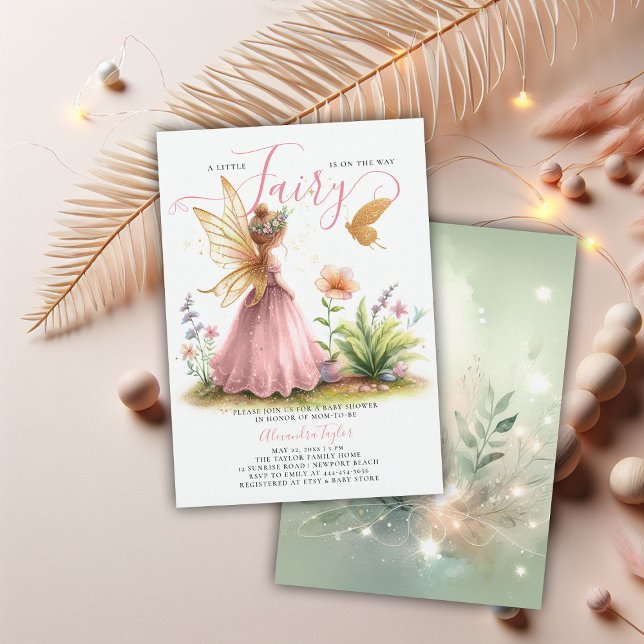 Fairy Princess Enchanted Rosa Flicka Shower Inbjudningar (fairy princess baby girl shower invitation pink elegant cute watercolor enchanted garden forest)