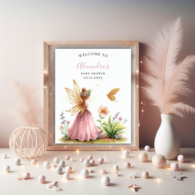 Fairy Princess Enchanted Rosa Flicka Shower Poster (fairy princess girl baby shower welcome poster pink watercolor twinkle lights enchanted garden)